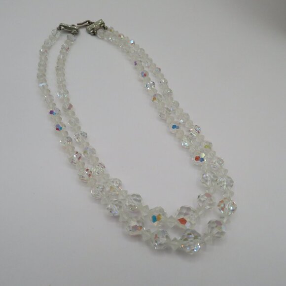 Vintage Aurora Borealis AB Faceted Crystal Double Strand Choker Style Necklace - Picture 6 of 13